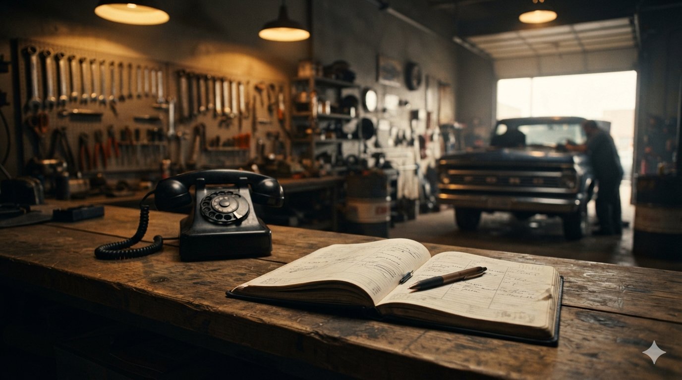 Agenda de citas abierta sobre el mostrador de un taller, junto a un teléfono antiguo