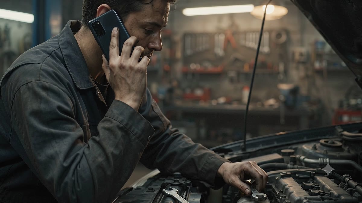 Mecánico con el teléfono en la oreja mientras tiene las manos en el motor de un coche